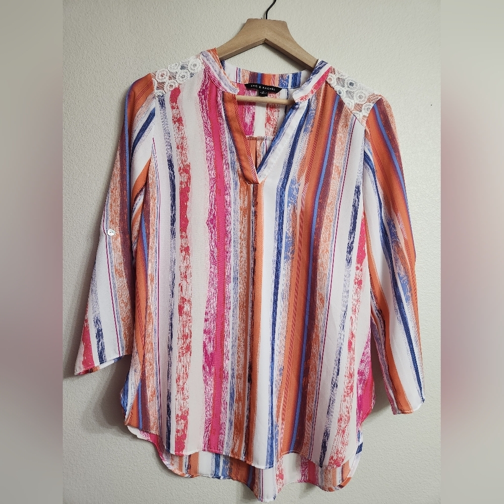 Zac Rachel Pink Striped Blouse Women’s Medium V Neck 3/4 Sleeves Lace